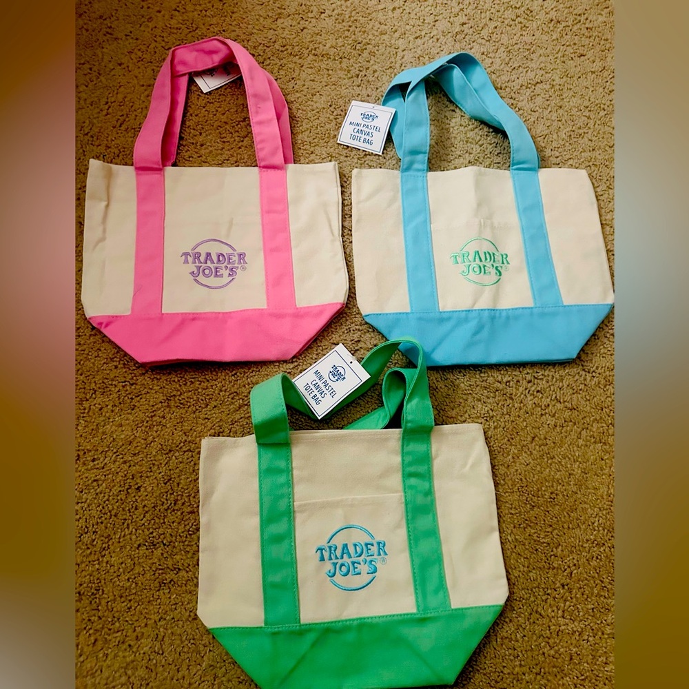 Trader Joes Mini Tote Bag Set - Pink, Blue, Green